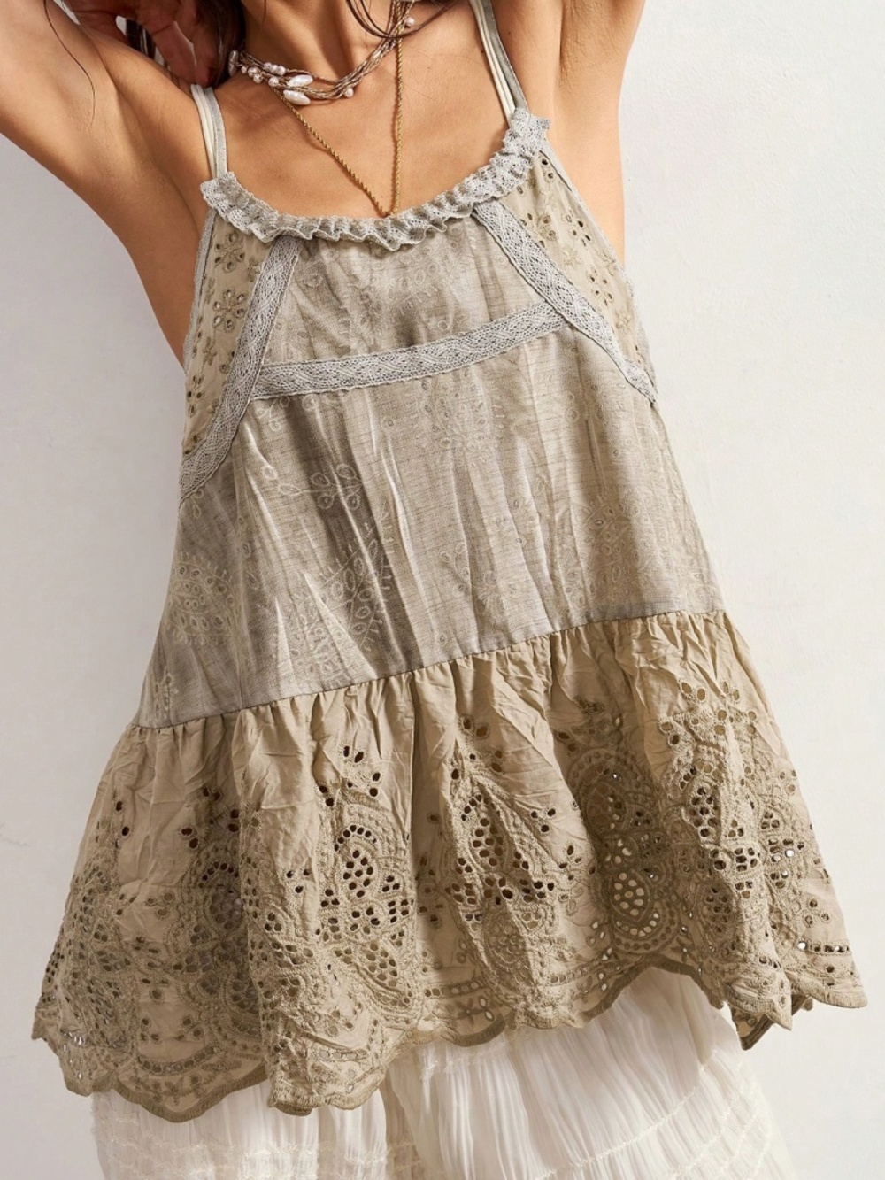 Boho Floral Eyelet Flowy Cami Tank Top